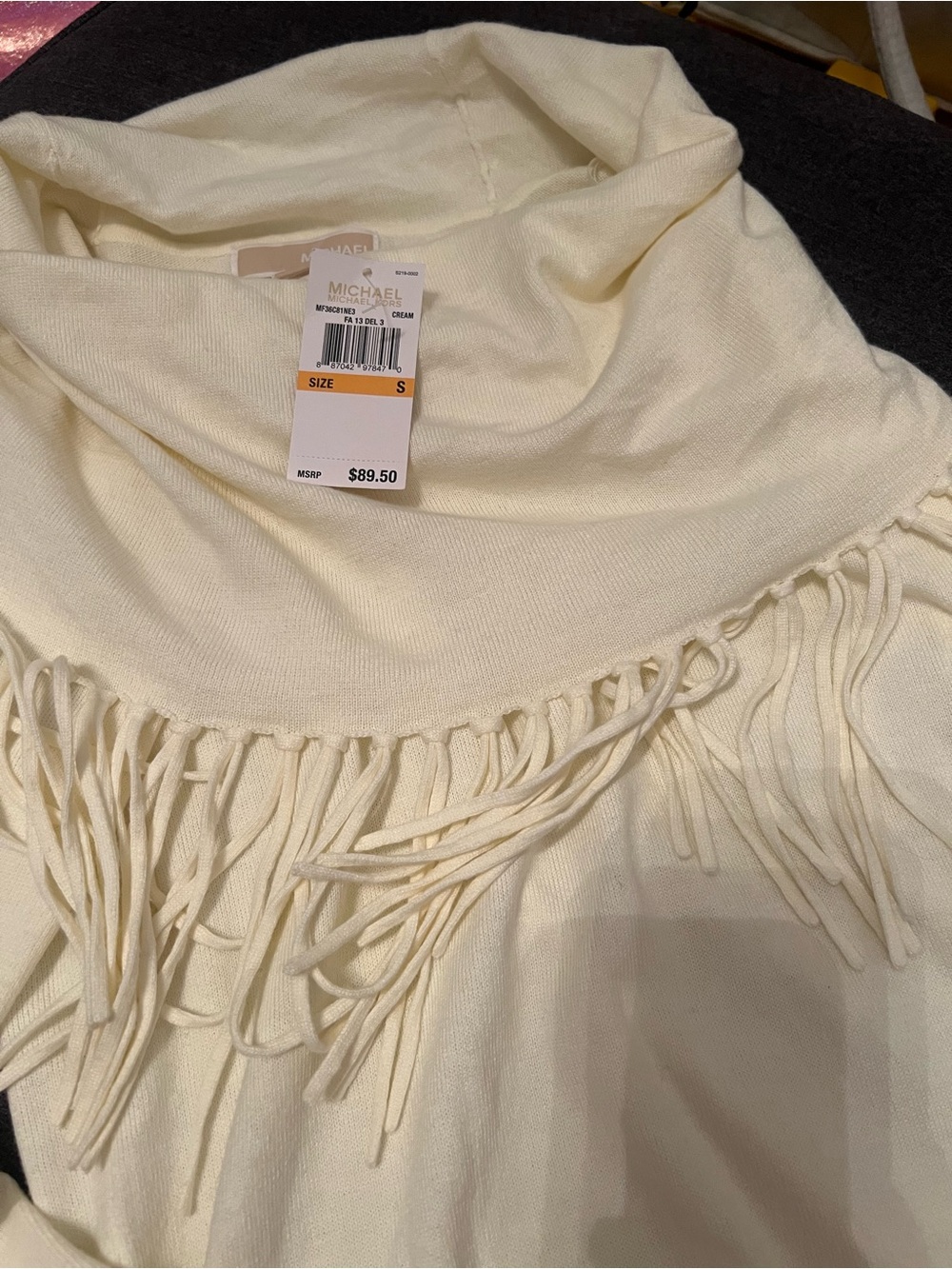 NEW Michael Kors Cream Fringe Cowl Neck Sweater